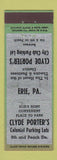 Matchbook Cover - Clyde Porter's Parking Lot Erie PA ADVANCE