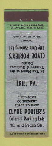 Matchbook Cover - Clyde Porter's Parking Lot Erie PA ADVANCE