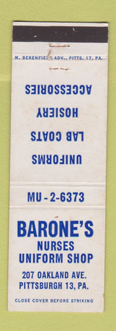Matchbook Cover - Barone's Nurses Uniform Shop Pittsburgh PA WEAR
