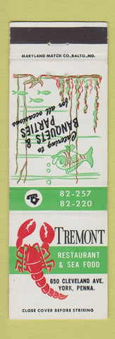 Matchbook Cover - Tremont Restaurant Seafood York PA lobster