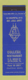 Matchbook Cover - College Restaurant Bethlehem PA