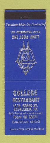 Matchbook Cover - College Restaurant Bethlehem PA