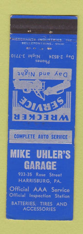 Matchbook Cover - Mike Uhler's Garage Harrisburg PA MERCHANTS towing