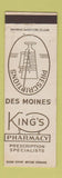 Matchbook Cover - King's Drug Des Moines IA