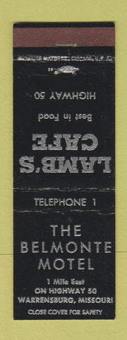 Matchbook Cover - Lamb's Cafe Belmonte Motel Warrensburg MO low phone #