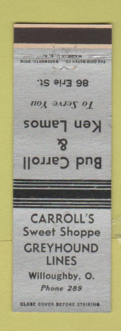 Matchbook Cover - Carroll's Sweet Shop Willoughby OH low phone # WEAR