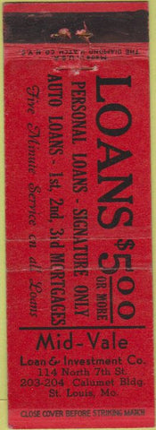 Matchbook Cover - Mid Vale Loan St Louis MO 30s