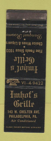 Matchbook Cover - Imhof's Grille Philadelphia PA WEAR