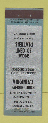 Matchbook Cover - Virginia's Famous Lunch Harrisburg PA ADVANCE