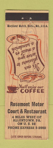 Matchbook Cover - Rosemont Motor Court Restaurant Allentown PA