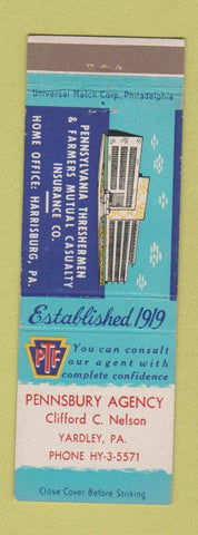 Matchbook Cover - Pennsbury Insurance Clifford Nelson Yardley PA