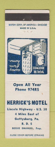 Matchbook Cover - Herrick's Motel Gettysburg PA