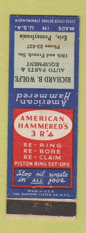 Matchbook Cover - American Hammered Piston Rings Richard Wolfe Erie PA