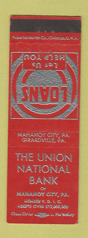 Matchbook Cover - Union National Bank Mahanoy City PA POOR BACK