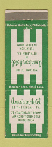 Matchbook Cover - American Hotel Bethlehem PA