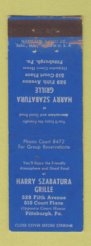 Matchbook Cover - Harry Szabatura Grille Pittsburgh PA WEAR