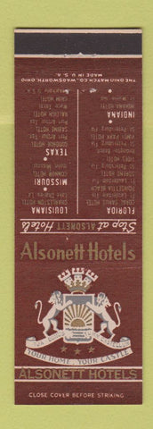 Matchbook Cover - Alsonett Hotels CHAIN LA IN FL TX MO
