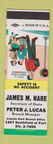 Matchbook Cover - James Hare Secretary of State Lincoln Park MI