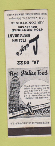 Matchbook Cover - Luigi's Italian Restaurant Houston TX Leaning Tower of Pisa