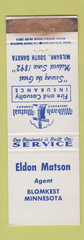 Matchbook Cover - Milbank Mutual Insurance Eldon Matson Blomkest MN WORN