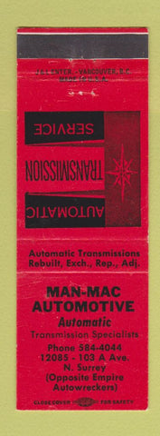 Matchbook Cover - Man Mac Auto Repair Transmission North Surrey BC