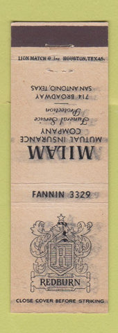 Matchbook Cover - Redburn Milam Insurance Funtreal Service San Antonio TX WORN