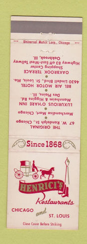 Matchbook Cover Henrici's Restaurants Chicago IL St Louis MO Oakbrook Des Plains