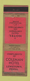 Matchbook Cover - Coleman Hotel Lewistown PA WEAR