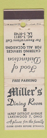 Matchbook Cover - Miller's Restaurant Lakewood OH WEAR