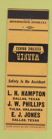 Matchbook Cover - Warner Electric Brakes Dallas TX Tulsa OK