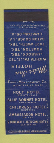 Matchbook Cover - Motor Inn Hotels Wichita Falls Lubbock Houston Fort Worth TX
