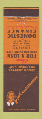 Matchbook Cover - Domestic Finance Loans Cleveland Akron Youngstown OH
