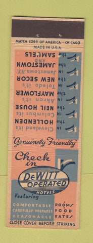 Matchbook Cover - DeWitt Hotels Cleveland Columbus Akron Toledo OH