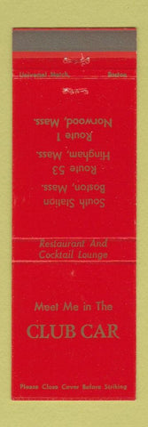 Matchbook Cover - Club Car Boston Hingham Norwood MA