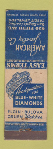 Matchbook Cover - American Jewelry Elgin Bulova Gruen Watches San Diego CA WORN