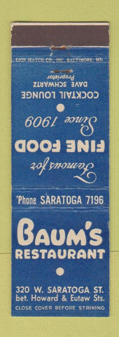 Matchbook Cover - Baum's Restaurant Baltimore MD