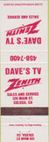 Matchbook Cover - Dave's TV Zenith Colusa CA