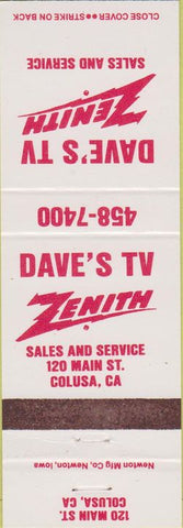 Matchbook Cover - Dave's TV Zenith Colusa CA