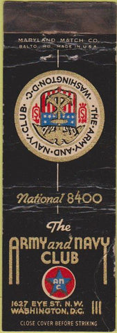 Matchbook Cover - Army Navy Club Washington DC CREASES