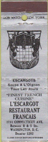 Matchbook Cover - L'Escargot Restaurant Washington DC WORN CREASES