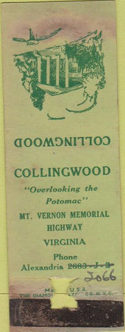 Matchbook Cover - Collingwood Mt Vernon Memorial Highway VA WEAR Alexandria?