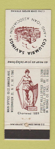 Matchbook Cover - Columbia Savings and Loan Woodhaven NY DD Bean