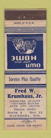 Matchbook Cover - Fred W Krumhaus Jr Concrete Block Sand Waukesha WI WEAR