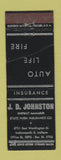 Matchbook Cover - JD Johnston Insurance Indianapolis IN CREASE