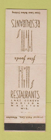 Matchbook Cover - Hill's Restaurants Lake Geneva Mauston Madison WI
