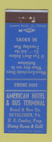 Matchbook Cover - American Hotel Bus Terminal Bethlehem PA