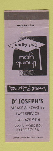 Matchbook Cover - D Joseph's Steaks Hoagies Hatboro PA