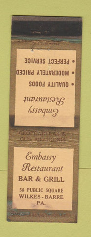 Matchbook Cover - Embassy Restaurant Wilkes Barre PA WORN