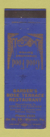 Matchbook Cover - Barber's Rose Terrace Restaurant Mercer PA WEAR