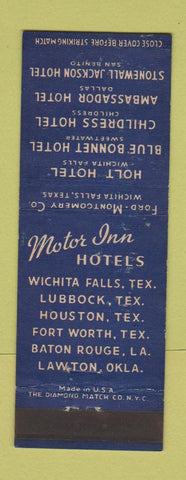 Matchbook Cover - Hotels Wichita Falls Sweetwater Childress Dallas San Benito TX
